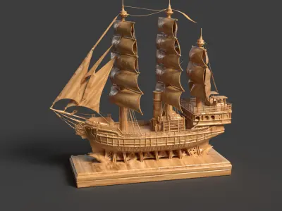  Chinese wooden carving sail ship Low-poly 3D model