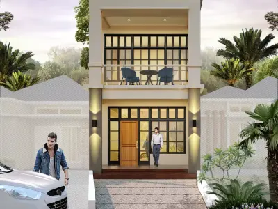 Facade house with two stories and car 3D model