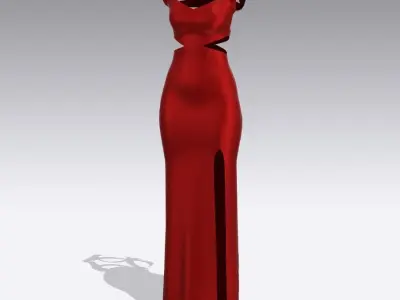 Dress  red color long slit skirt detail look Low-poly 3D model