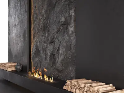 Decorated Rock Wall with Fireplace 3D model