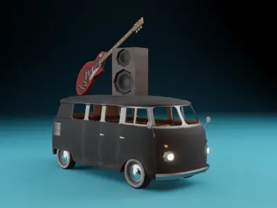 Kombi with Guitar on the roof low poly Low-poly 3D model
