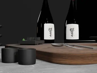 kitchen japanese table with bottle of wine Low-poly 3D model