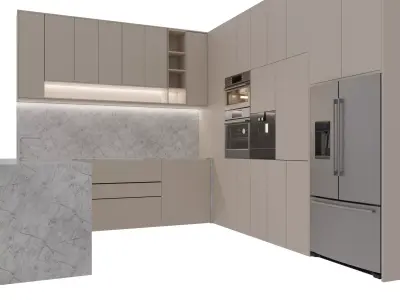 Luxury Minimalist Shaped Kitchen High-End 3D Interior Model 3D model