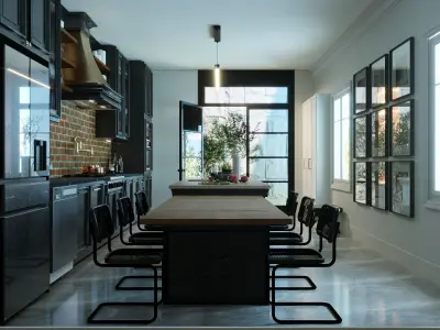 Industrial Living Interior Scene 3D Model Kitchen Staircase  3D model