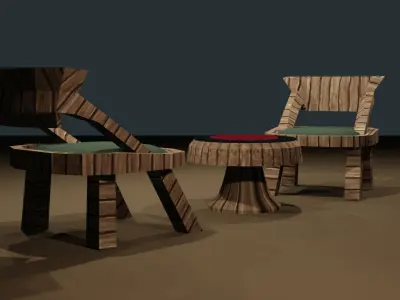 WOODEN CHAIRS WITH TINY TABLE Free low-poly 3D model