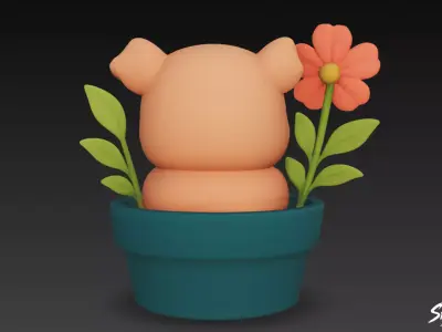 Pig in Flower Pot Low-poly 3D model
