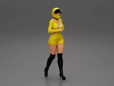 Sexy motorcyclist woman walking in helmet 3D print model