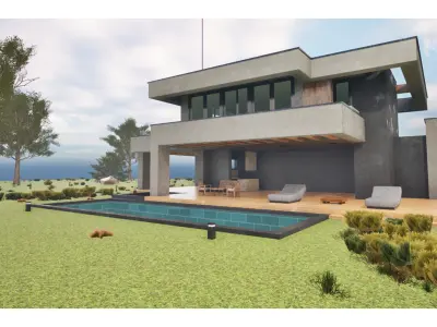 Modern Cozy House with Pool and Parking Low-poly 3D model