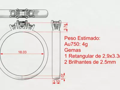 Ring with rectangular gemstone and side brilliants Free 3D print model