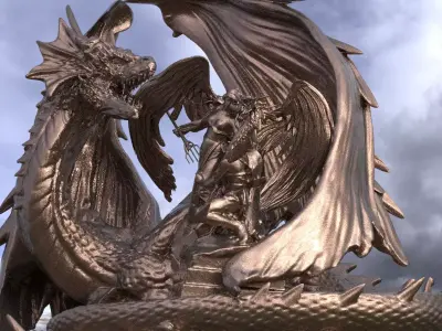 Dragon Sculpture With Angel Statue 2 3D model