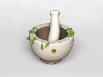 Realistic Stone Mortar and Pestle with Moss Detail 3D model