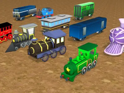 Toon -Trains pack and 4 carriers Low-poly 3D model