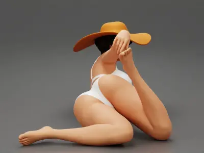 Sexy girl in bikini lying on the beach with hat 3D print model