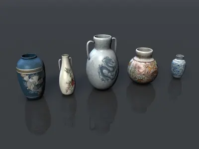 Low poly asian pottery collection Low-poly 3D model