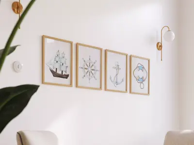 Set of watercolor paintings in wooden frames 3D model