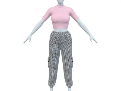  Adidas Originals Crop T-Shirt Top and Gingham Track Pants Low-poly 3D model