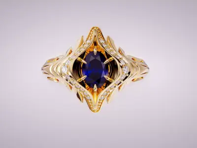 Ornate Gold Ring with Sapphire and Diamonds 3D print model