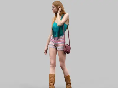 Casual girl in Boots Color full Shorts and green top Walking 3D model