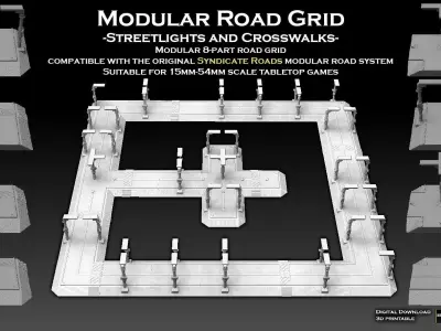 Modular Road Grid Streetlights And Crosswalks 3D print model