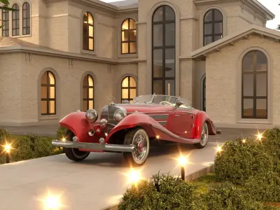 3d scene  luxury house with classic old car 3D model