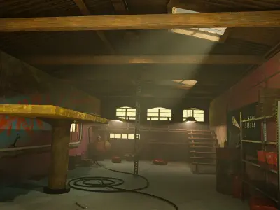 Garage room in warehouse with graffiti on walls 3D model