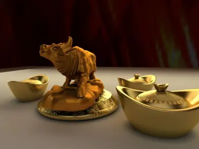 Chinese golden OX with gold ingot 3D model