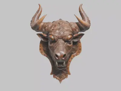 Carved Wooden Bull Head Wall Mount Low-poly 3D model