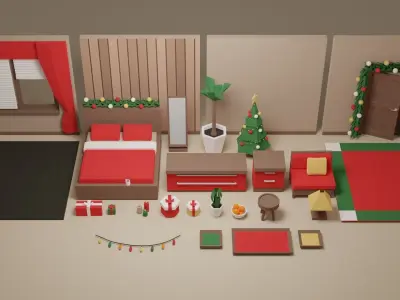 Low Poly Modular Simple Christmas Interior Pack Bedroom Low-poly 3D model