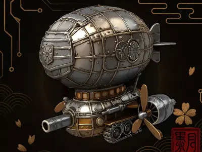 Samurai Fusion Airship Armored Japanese Sky Vessel Highpoly Game 3D print model