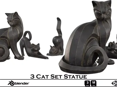 3 Cat Statue Set - Abstract Feline Sculptures 3D Model Pack Low-poly 3D model
