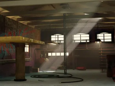 Garage room in warehouse with graffiti on walls 3D model