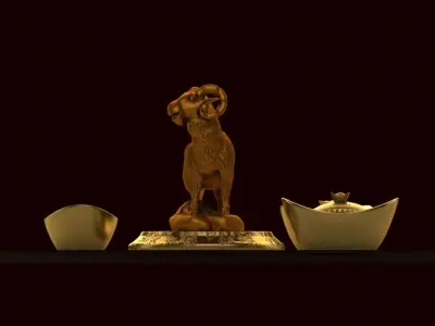 Chinese gold ingot with goat 3D model