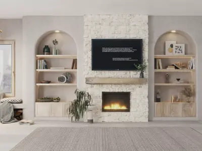 Realistic Bohemian Wall Design Arched Shelves Stone Fireplace  3D model