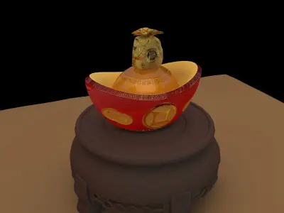 Chinese gold ingot piggy bank with money bag  3D model