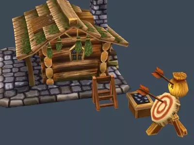 Cartoon Old Wooden Forest House Building Low-poly 3D model