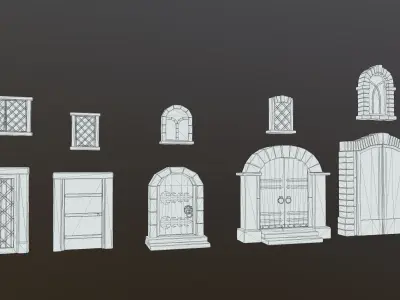Medieval stylized doors and windows pack low poly PBR game asset Low-poly 3D model