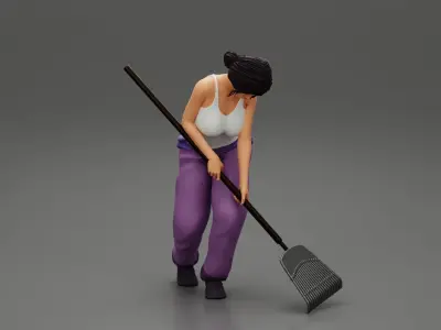 Woman farmer working field with a rake 3D print model