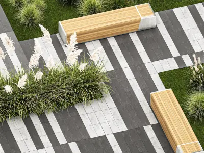 Bushes And A Bench With Paving Slabs For An Urban 1151 3D model
