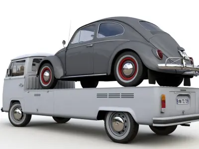 Vw T2 Kemperink Special Pickup 1976  and Vw Beetle 1960 3D model