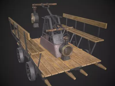 Handcar wooden cart with steam engine Low-poly 3D model