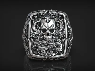 Victorian Gothic Skull Ring 3D Model Vita Brevis Ars Longa 3D print model