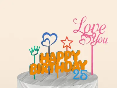 3D Cake Toppers Set - 15 pcs Bundle Happy Birthday Cake Toppers 3D print model