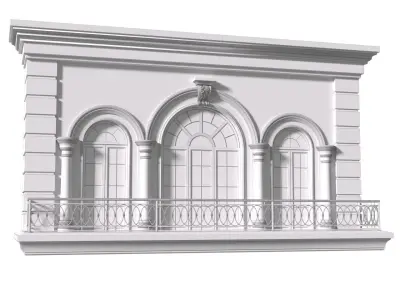 Balcony with arched windows and wrought iron railing 3D model