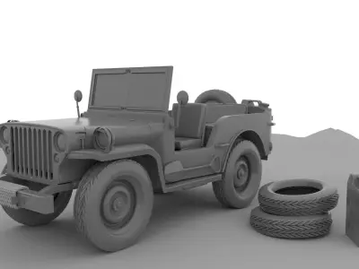 3D Jeep Model old with tires Low-poly 3D model
