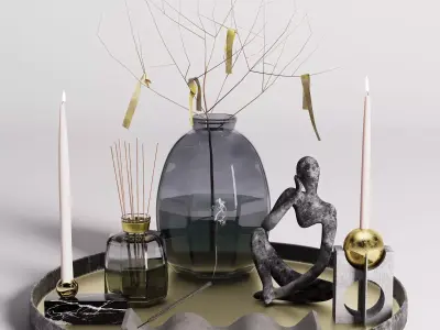 Decorative set 3 tray with candles and vase 3D model