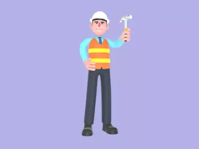 3D Cartoon Male Architect Character - Angry with Raised Hammer 3D model