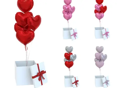 Heart Valentine Balloons and Gift Box Low-poly 3D model