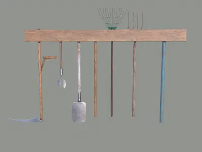 Tool Rack with Garden Tools Low-poly 3D model