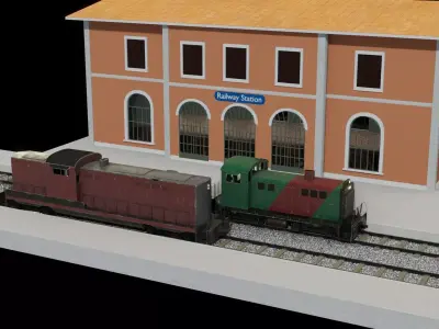 Railway station and two diesel locomotive 3D models Low-poly 3D model