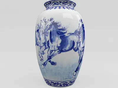 Chinese Blue and White Porcelain Vase - Horses Low-poly 3D model